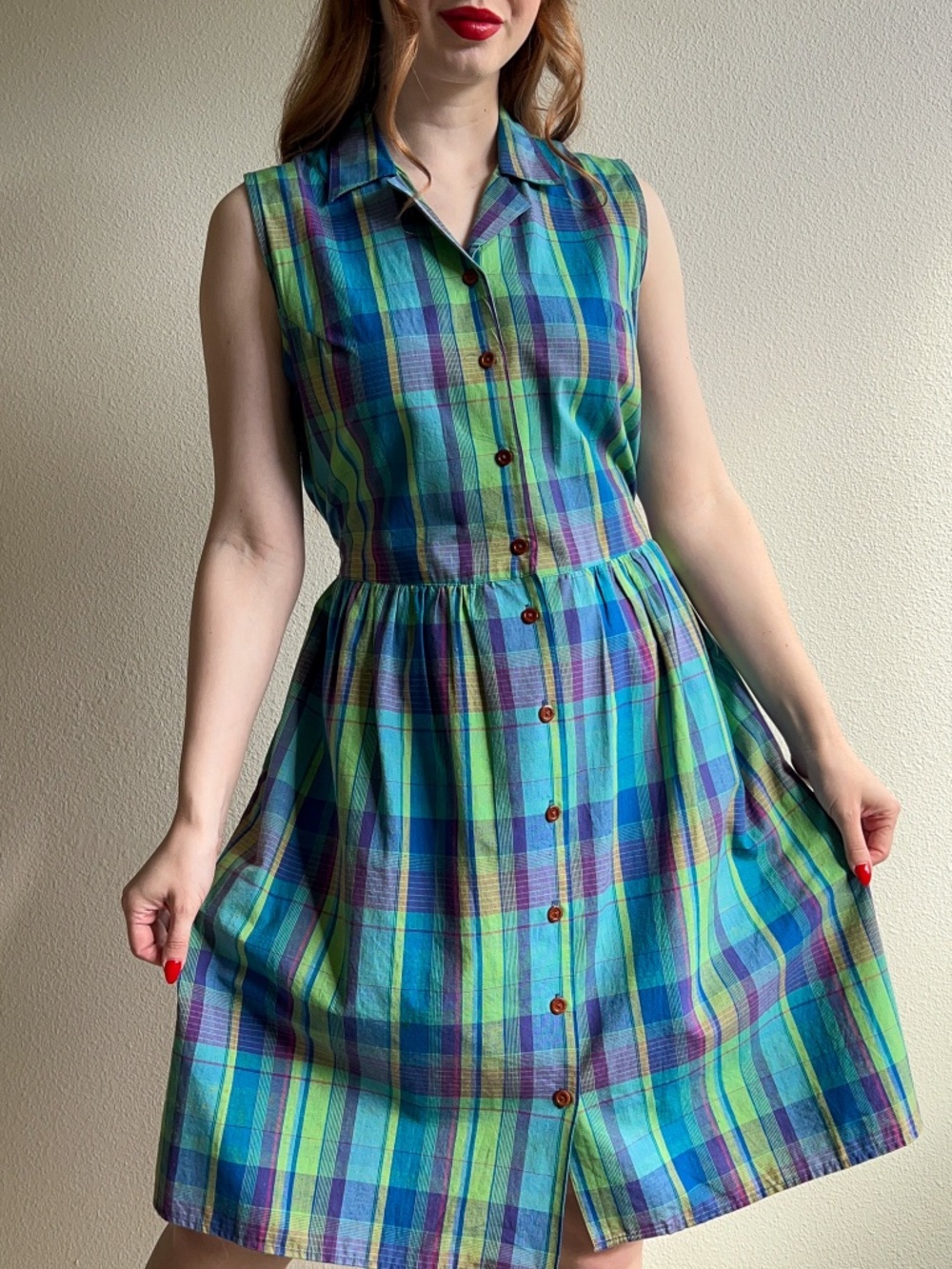 Vintage 1990s Blue and Green Plaid Cotton Summer Dress (L/XL)